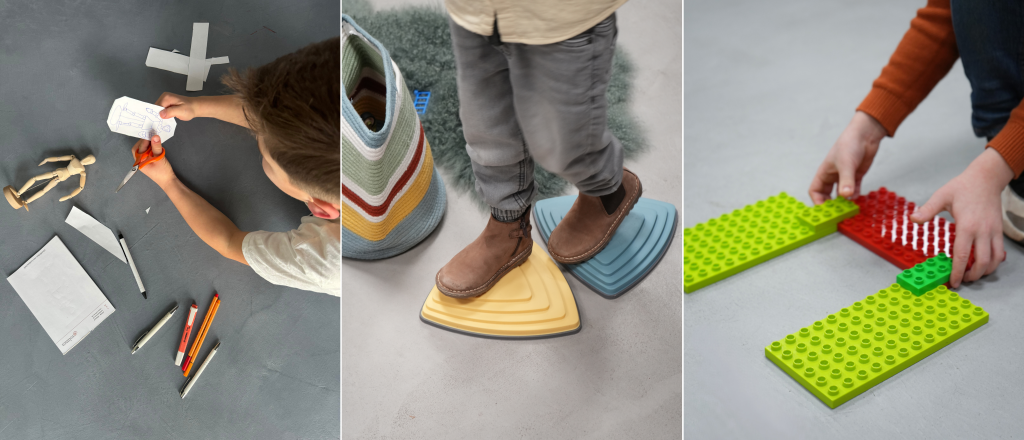 Dreigeteiltes Bild. Kinder spielen, basteln und malen auf dem Futado-Boden.