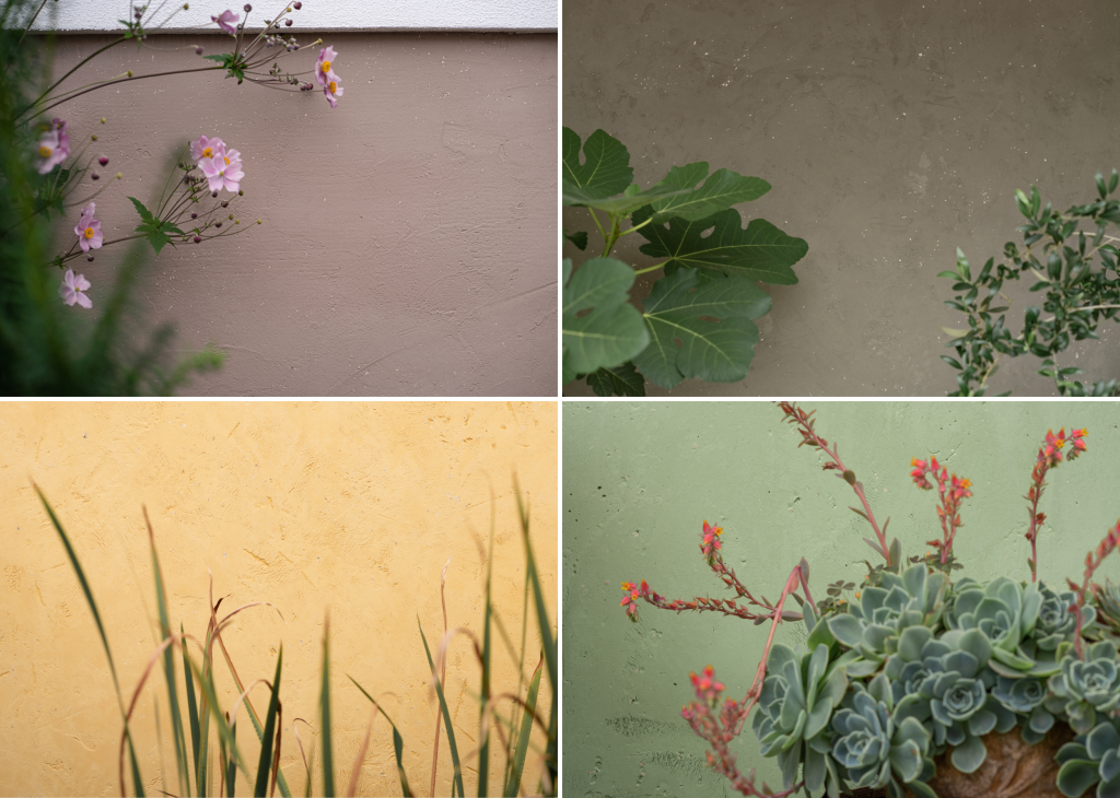 Sonderfarben von Volimea für die Außenfassade. In den Farbtönen: braun-rosa, schlamm-braun, dunkles gelb und mittleres grün.