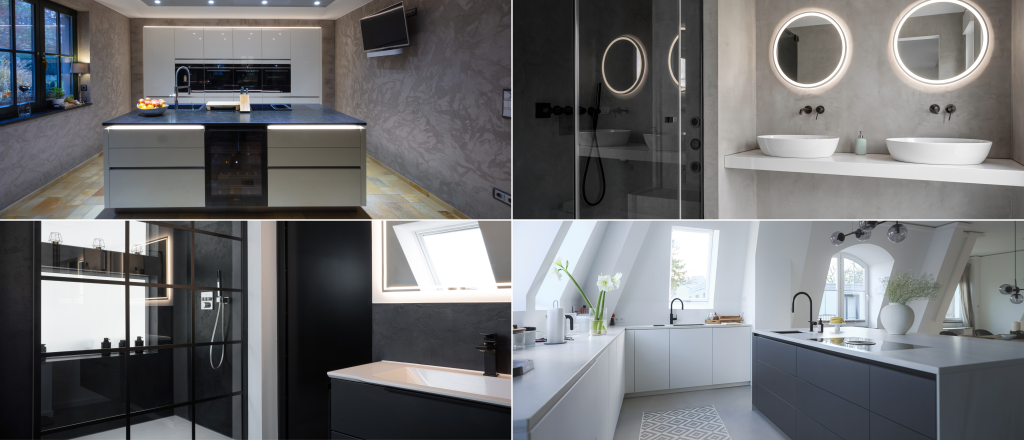 Viergeteiltes Bild, alle Oberflächen sind Fugenlos. Man sieht zwei Mal eine Küche und zwei Mal ein Badezimmer ohne Fugen.