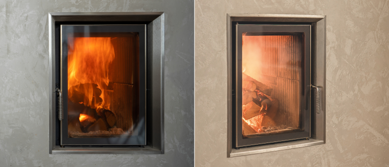 Zweigeteiltes Bild mit brennenden Kaminen in Aschgrau mit Laublasur.