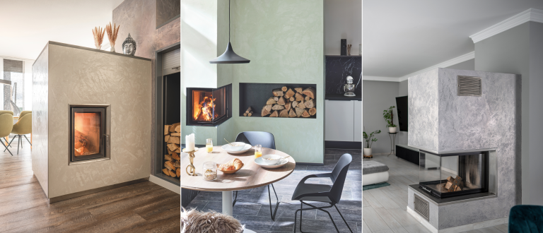 Dreigeteiltes Bild mit Kaminen. Links im Farbton Aschgrau mit Laublasur. In der Mitte im Farbton Minze und rechts im Farbton Aschgrau-Platin.