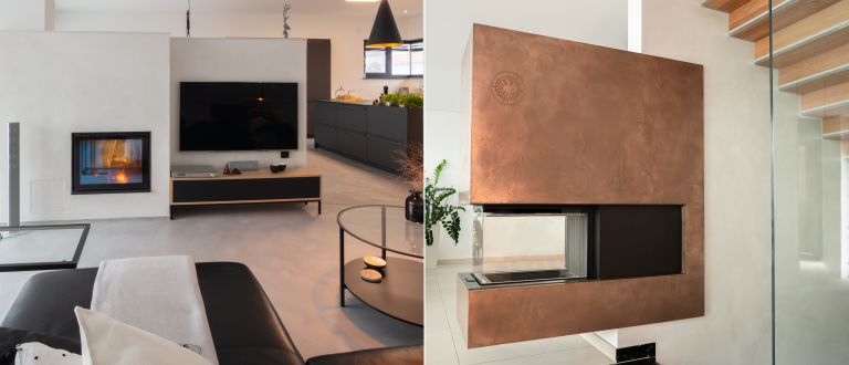 Zwei Kamine mit Volimea-Beschichtungen.